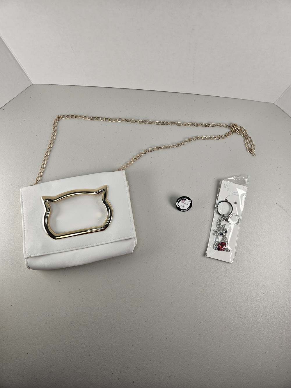 Crazy Cat Lady Bundle White Chain Crossbody Bag Gold Cat Accent, Cat Charm & Pin
